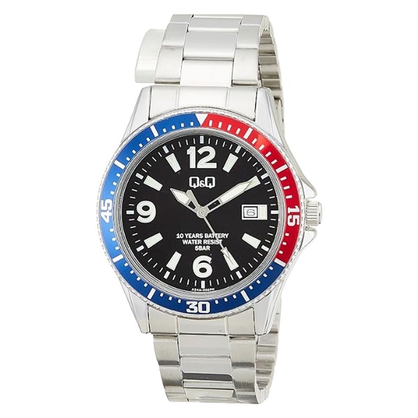 【CITIZEN】Q&Q　10年電池　メタルウオッチ　（クロ文字盤　アカブルーベゼル）
