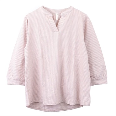 【2L-4L】７分袖ストライプバンドカラー　綿混Ｔシャツ