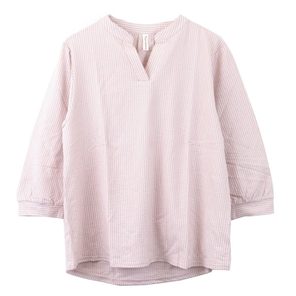 【2L-4L】７分袖ストライプバンドカラー　綿混Ｔシャツ