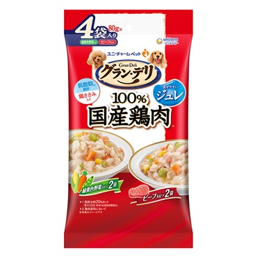 グラン・デリ　パウチ　100％国産鶏肉ジュレ　緑黄色野菜&ビーフ入り　80g×4袋