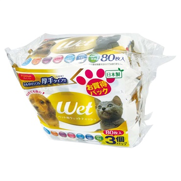 Wet　ペット用ウェットティッシュ　ふんわりソフト厚手タイプ　80枚入3個パック
