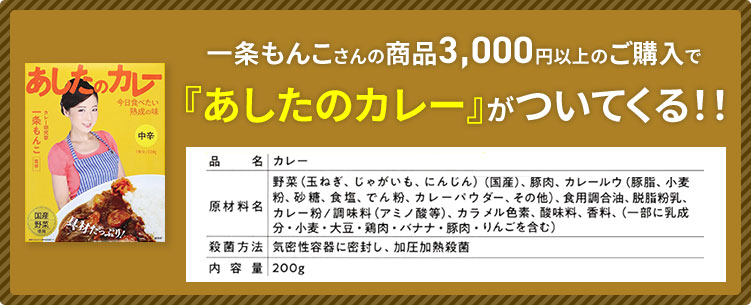一条もんこさんの商品3,000円以上のご購入で『明日のカレー』がついてくる！！