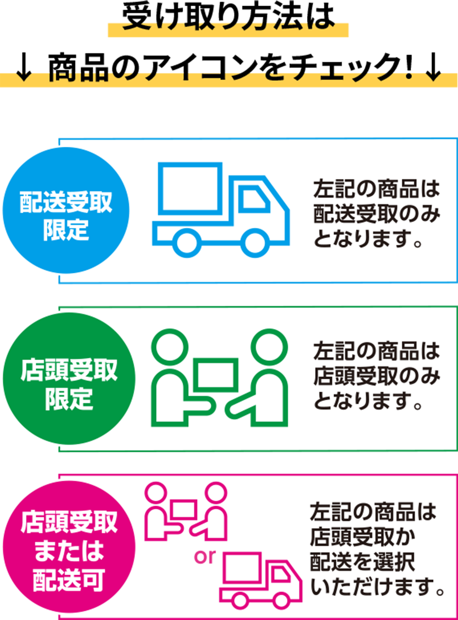 受取方法：配送限定・店頭受取または配送・店頭受取限定