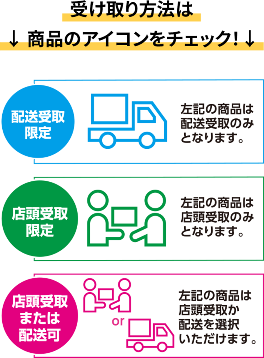 受取方法：配送限定・店頭受取または配送・店頭受取限定